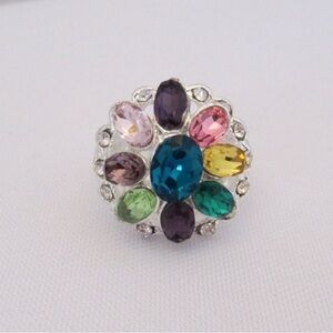 Vintage Colorful Rhinestone Crystal Statement Flower Solver Tone Ring Size 7.75